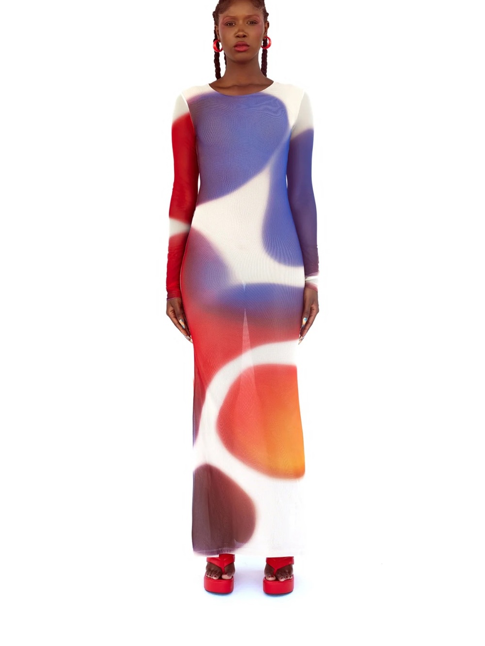 Woods by Jordyn Long Sleeve Abstract Print Maxi Dress in Red, Blue & White